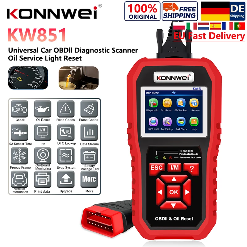 2026 KONNWEI KW851 Scanner de diagnostic automobile OBD2, réinitialisation de la voyant d'entretien, lecture et effacement des codes, testeur de sonde O2, outil de diagnostic professionnel I/M, livraison gratuite