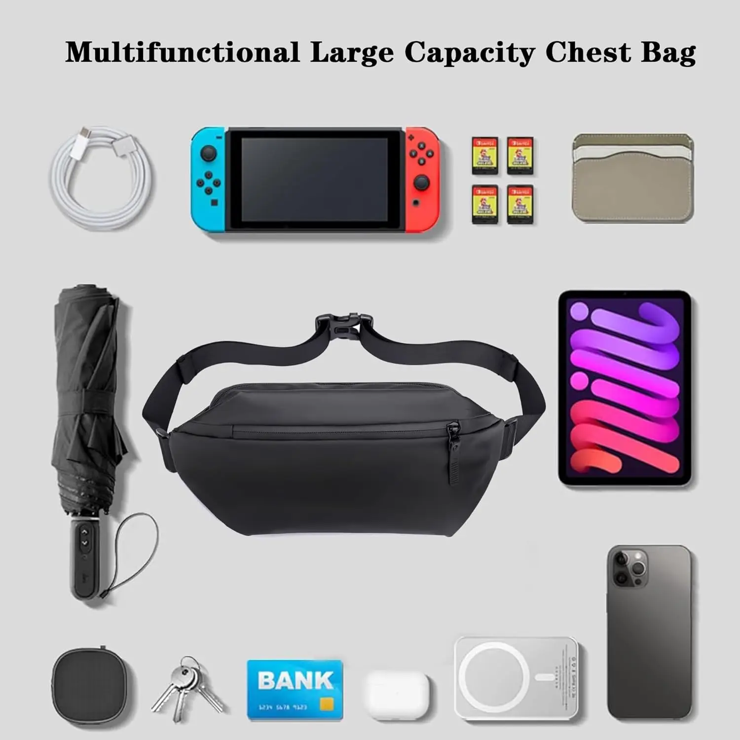 Man Casual Sling Chest Bag Outdoor Sports Crossbody Waist Bag Hiking Running Cycling Climbing Nylon Waterproof Shoulder Bag