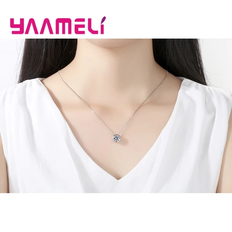 New Trendy Original 925 Sterling Silver Necklaces Jewelry Shining Geometric Round Pendant Clavicle Chain Collar for Woman Girl