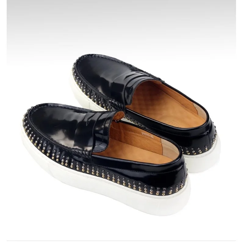 Flat men's shoes spring new riveted leather thick sole height-increasing footboard shoes large size small size casual shoes