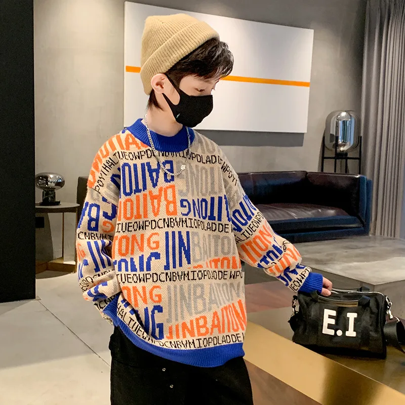 Autumn Winter Children New Fashion Letter Embroidery Sweater for Tweens Boy y2k Harajuku Stylish Knitwear Kids Cool Knit Clothes