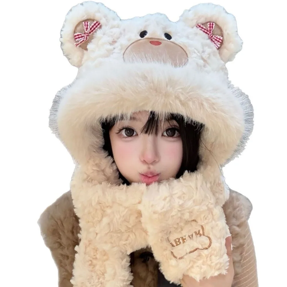 NEW 3-in-1 Little Bear Hooded Scarf Windproof Ear Protection Gloves Scarf Hat Soft Keep Warm Winter Scarf Autumn Winter