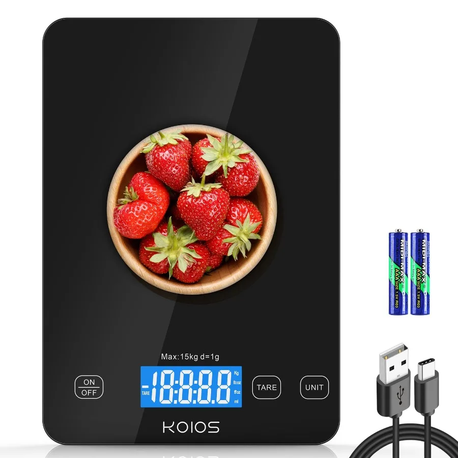 

KOIOS Food Scale 33lb 15kg Digital Kitchen Scale Grams and Ounces for Cooking Baking 1g 0.1oz Precise Graduation TypeC Charging