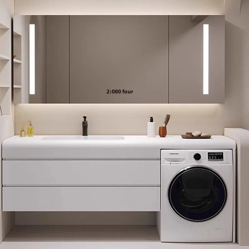 With washing machine toilet bathroom cabinet bathroom cabinet rock slab seamless basin cream
