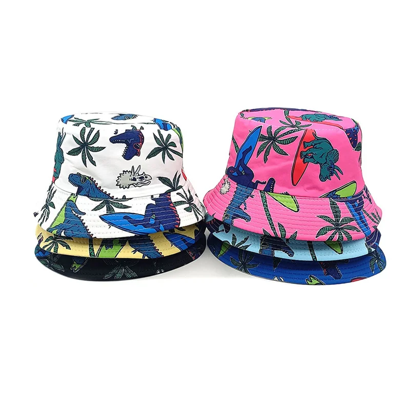 

2024 Four Seasons Polyester Cartoon Dinosaur Print Bucket Hat Outdoor Travel Sun Cap For Child Boy and Girl 106