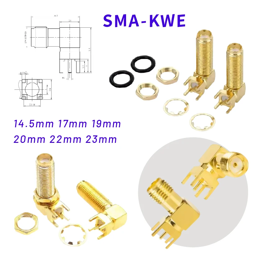 

Позолоченный медный адаптер SMA-KWE с гнездом 14,5/17/19/20/22/23 мм, прямой угловой разъем для печатной платы