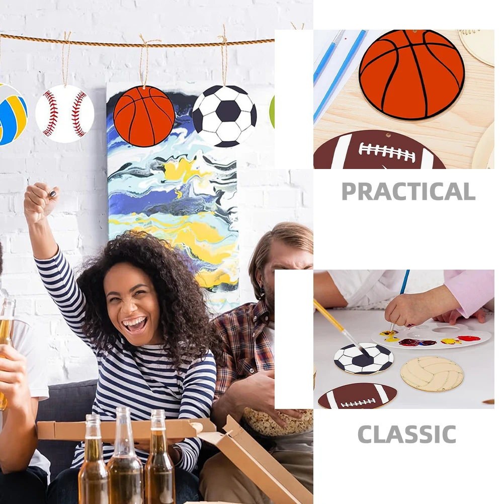 

42 шт., спортивные деревянные вырезы в форме мяча, незавершенные ломтики граффити, украшения для рукоделия, пустые деревянные чипсы для ручной росписи