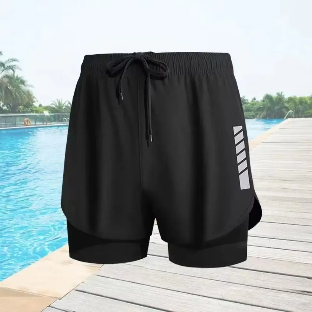 شريط سراويل للسباحة السراويل طبقة مزدوجة منتصف الخصر الرجال الرياضة التدريب السراويل التجفيف السريع المضادة للوهج الرجال الركض السراويل