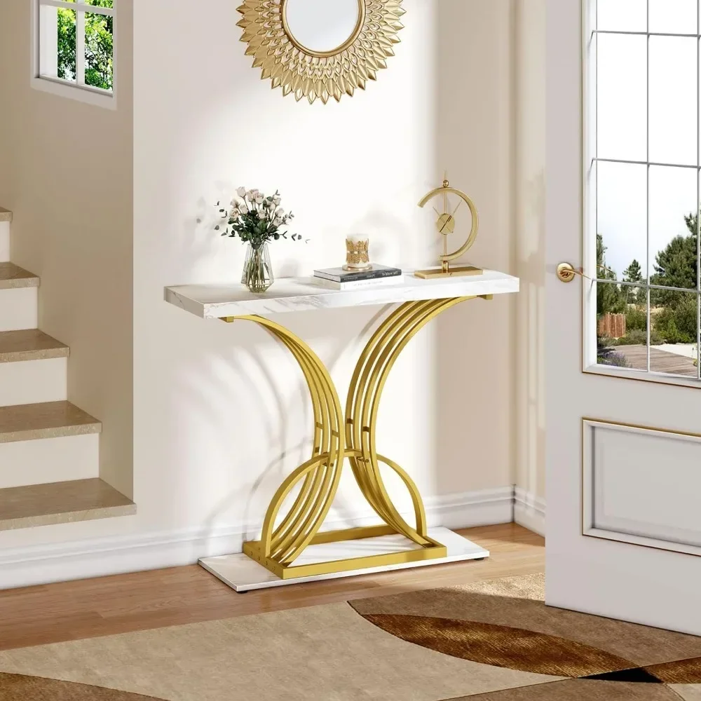 

Narrow Entryway Table Chest of Drawers Gold Console Table Organizers for Room Furniture Faux Marble White Hallway Mobile