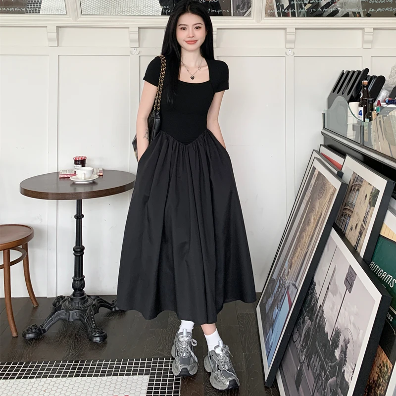 

Новая женская летняя трикотажная комбинированная юбка-миди в стиле Хепберн, свободного кроя, с эффектом похудения, черная, больших размеров