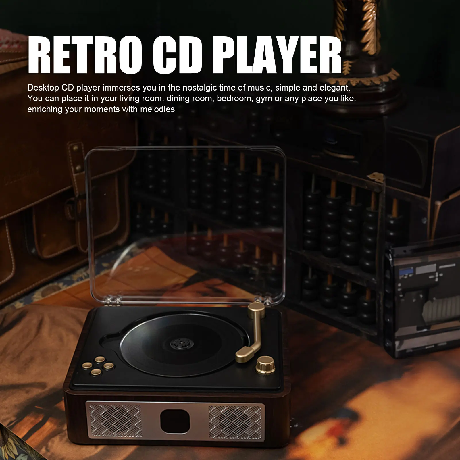 데스크탑 CD 플레이어 빈티지 CD 플레이어 듀얼 HiFi 스피커 BT 데스크탑 CD 플레이어 SPDIF USB AUX 지원 충전식 배터리 나무 케이스