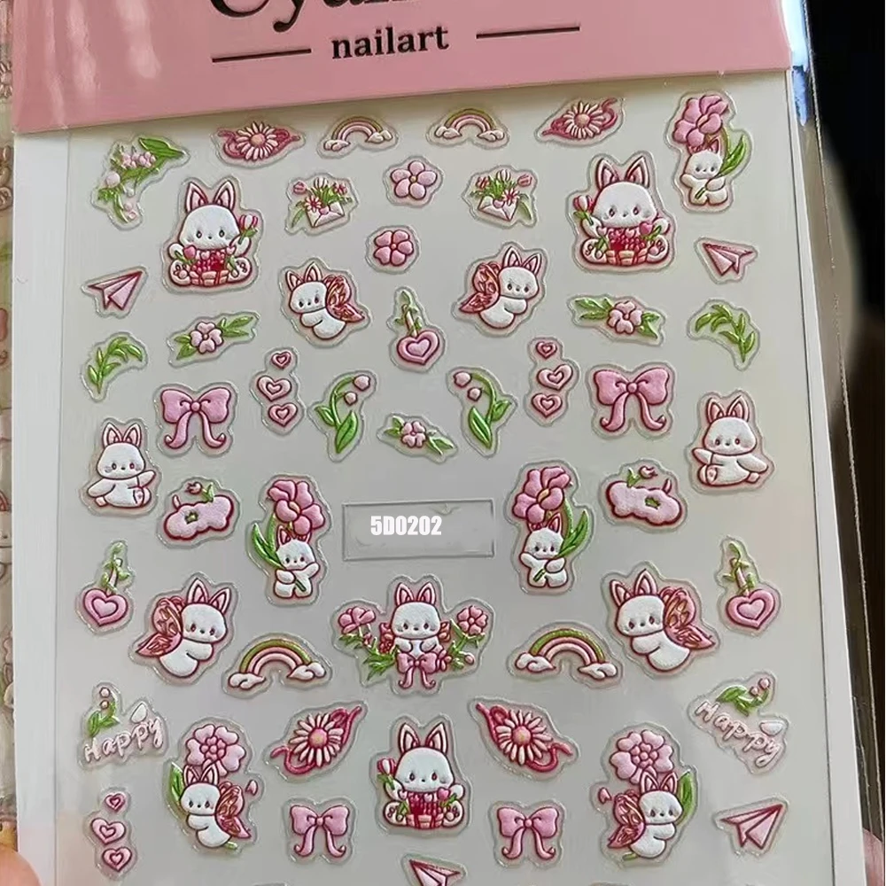 5D Rabbit Bowknot Rainbow Nail Art Stickers Kawaii Pink Cartoon Bunny Heart Flower Grass Embossed Nail Decals Manicure Sliders##
