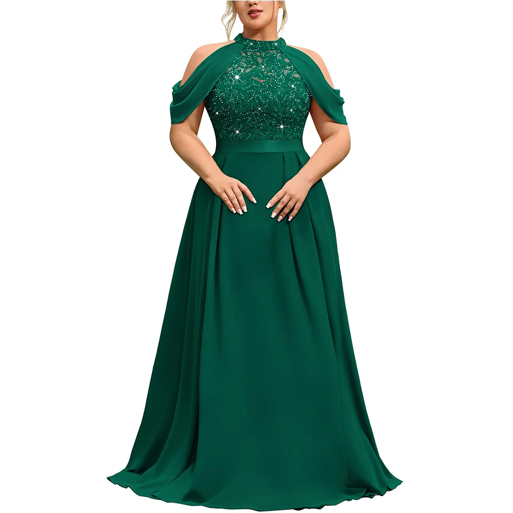 

Свадебное платье больших размеров на заказ для невесты: вечернее макси-платье с пайетками, кружевом, воротником-халтер и рукавами-накидкой