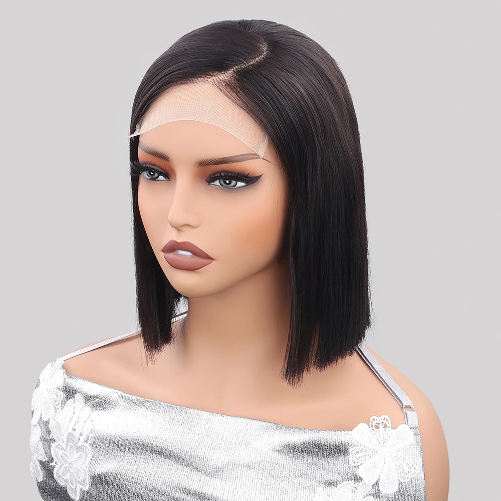

Glueless Bone Straight Short Bob 5x5 Lace Frontal 100% Human Hair Wigs With Drawstring Natural Black Straight Lace Front Wigs