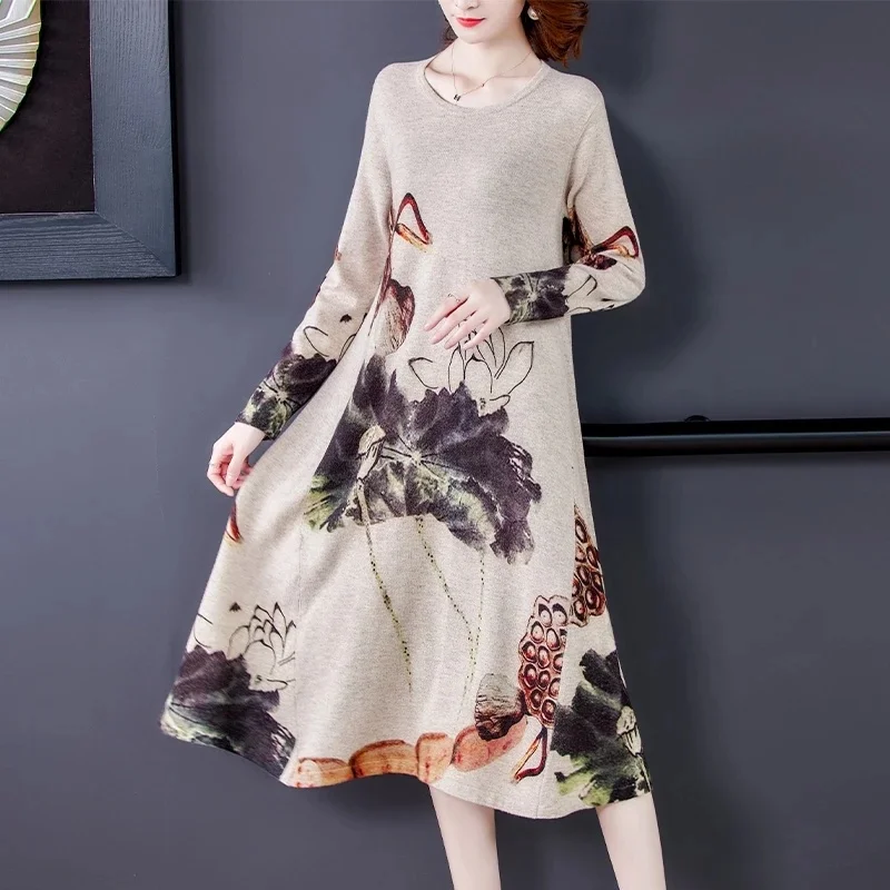 

2023 Vintage Print 3XL Plus Size Knitted Wool Dress Long Skirt Autumn Winter Sweater