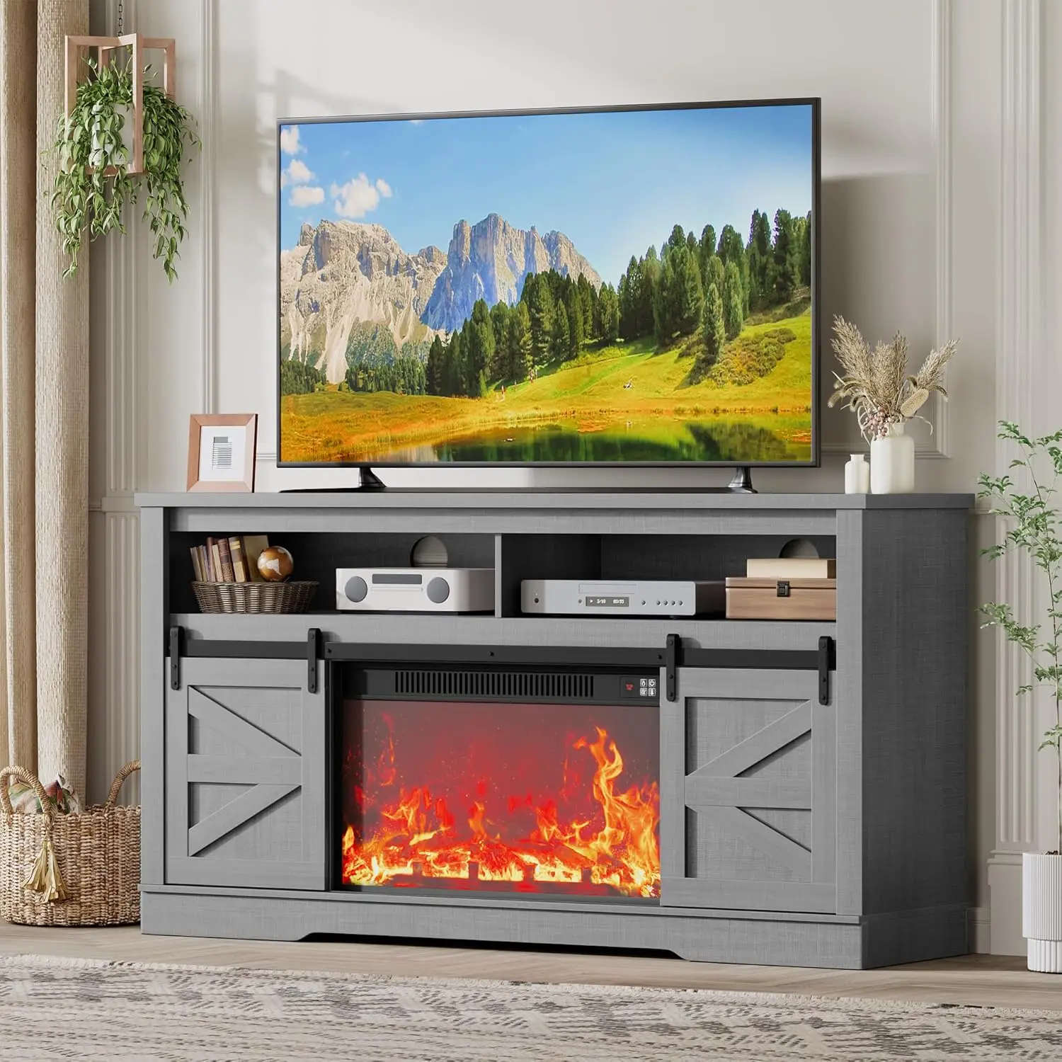 

Тумба под телевизор с камином для телевизоров 65+ дюймов, 26-дюймовый развлекательный центр с камином, шкафом для хранения и регулируемыми полками для медиаустройств