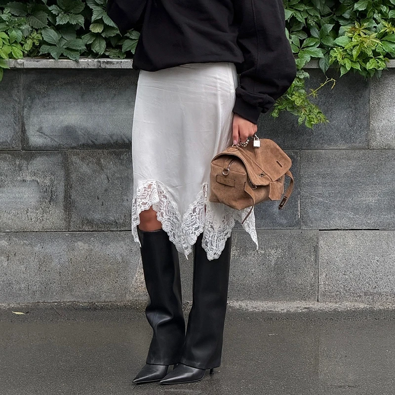 

Элегантная модная юбка-миди с неровным подолом Y2k, атласная шелковая кружевная отделка, полуслип, нижняя юбка, женская облегающая мини-юбка с высокой талией