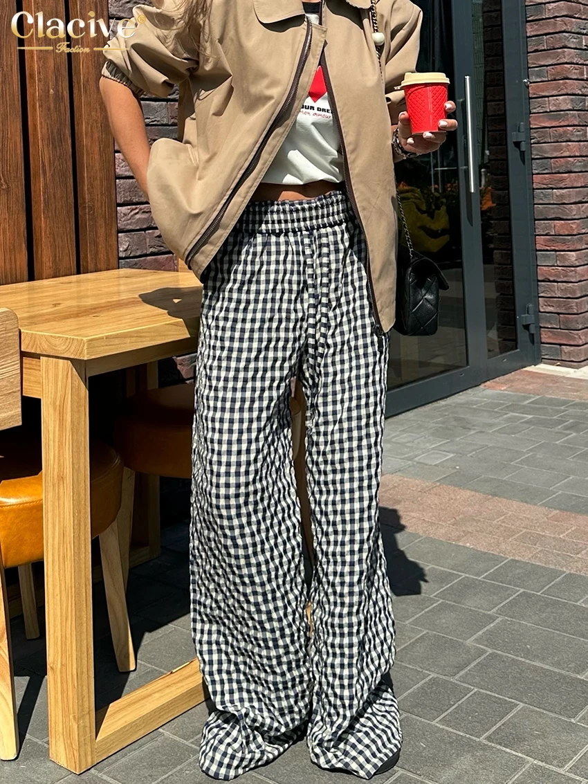 Clacive Fashion Loose Plaid Women Pants 2025 Vintage High Waist Wide Trousers Elegant Classic Full Length Pants Female Clothing