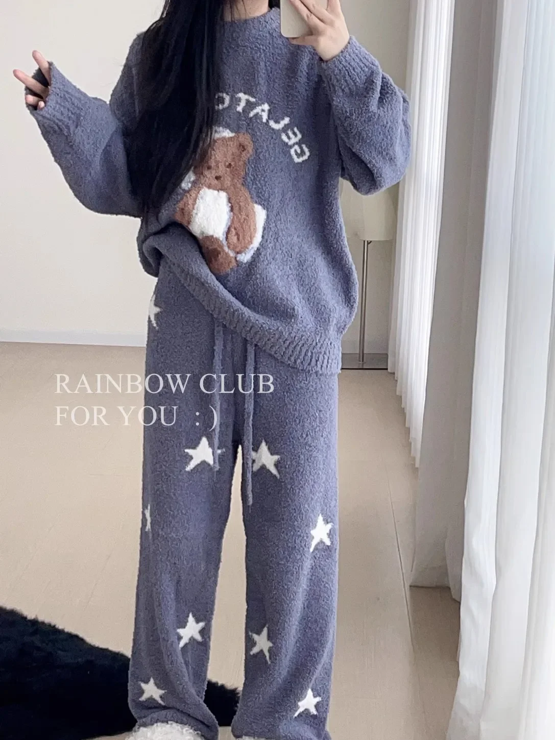 Autumn and Winter Warm Soft Sleepwear Long Sleeve Cute Bear Pajama Two Piece Sets Loungewear for Women Round Neck Pullover