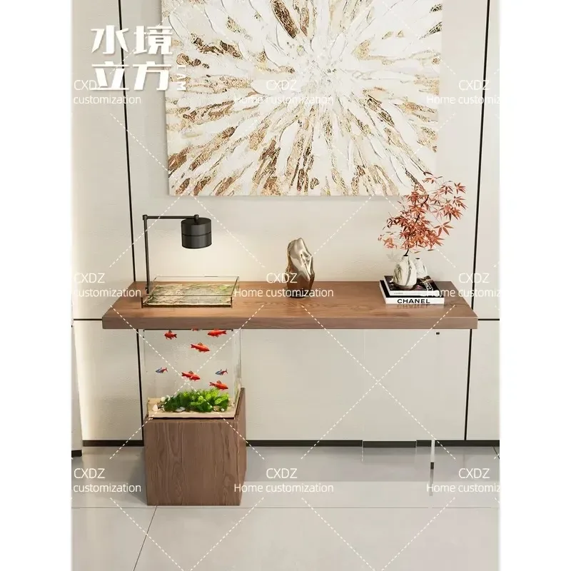 Modern Solid Wood Entryway Console Table with Fish Tank Landscaping Strip Design Advanced Sense Entrance Cabinet for Home
