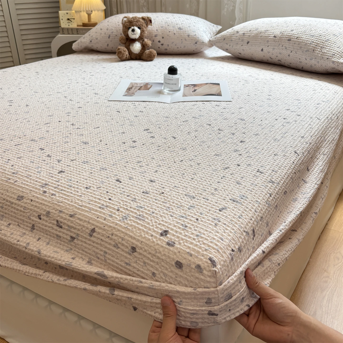 

3PCS Waffle Bed Sheets Set Cotton Fitted Sheet Non Slip Bedspread With Elastic Band Mattress 2Pillowcases Cover Double Bed Sheet