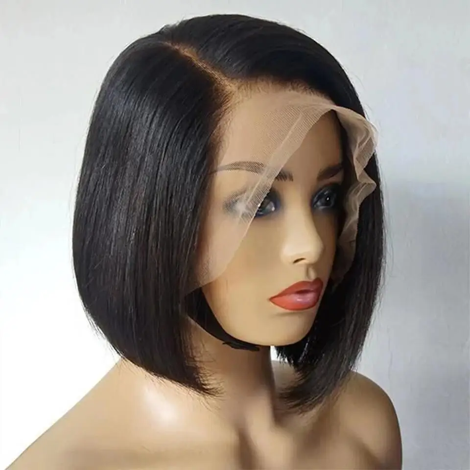 N.W-perucas dianteiras do cabelo humano do laço para mulheres, preto natural, Bob curto, em linha reta, 13*4, 12 dentro, densidade 180%