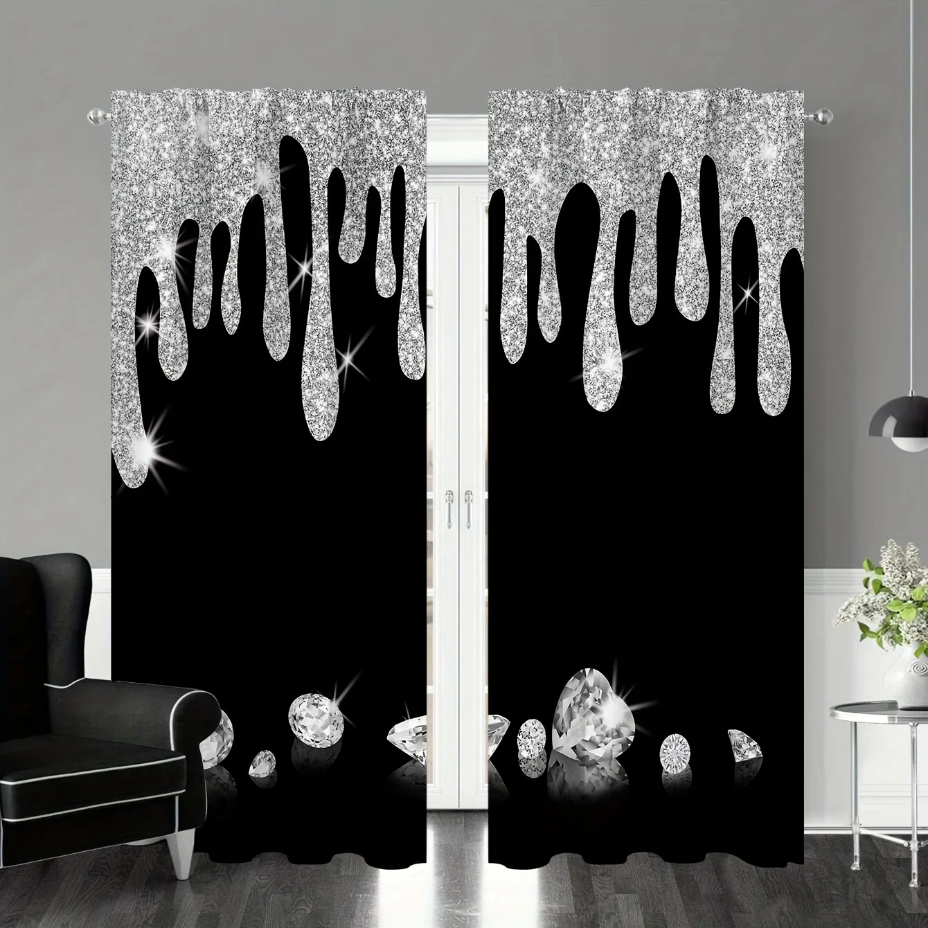 2pcs Shiny Silvery Water Drops Print Rod Pocket Curtains, Semi Blackout Decorative Curtains For Living Room Bedroom Office Home