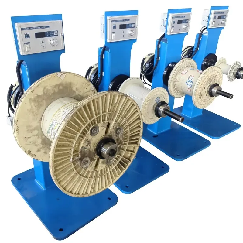 Magnetic powder clutch with tension controller receiver provides rack cable pay-off