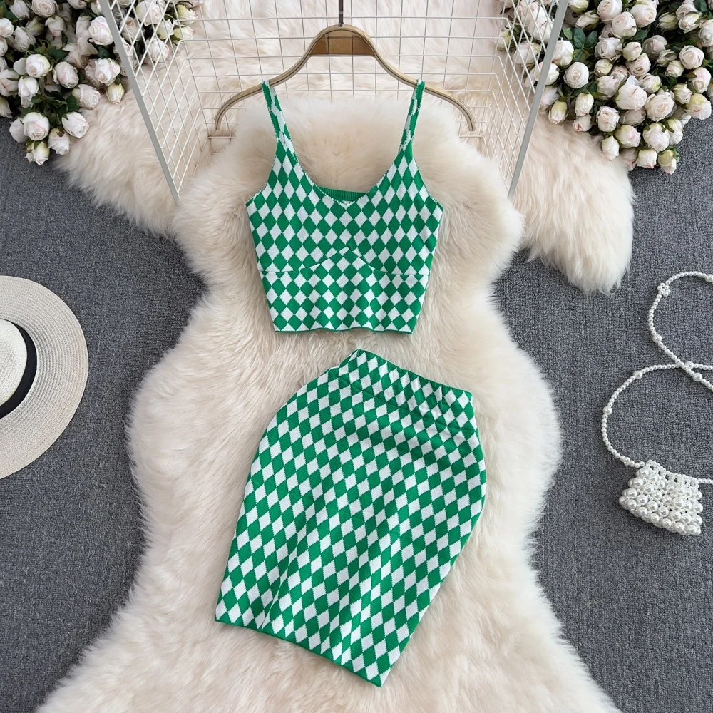 

Fashionable Checkered Slim Fit Two-Piece Set Sexy Bandeau Top High Waist Skirt Women's Summer Polyester Clothing Ensemble