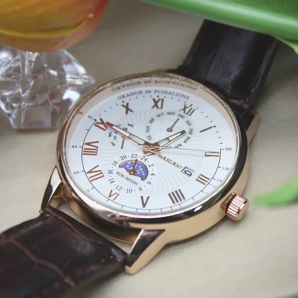 Carteira de carteira de couro masculina, Relógios de cavalheiros, Movimento automático, Óculos para esportes ao ar livre, Conjunto 3 peças