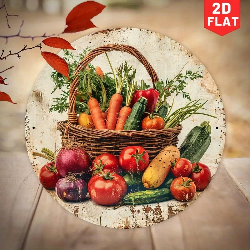 2D Flat, 1pc Rustic Farmhouse Iron Metal Wall Sign - 19.99 cm Round Vintage Vegetable Basket Art with Carrots, Tomatoes & Cucumb