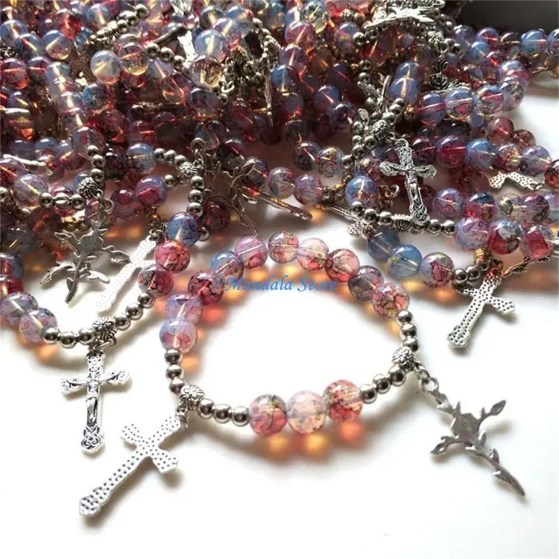 

U2JC Fashionable Crucifix Beaded Stretch Bracelet Religious Pendant Bracelets 10PCS