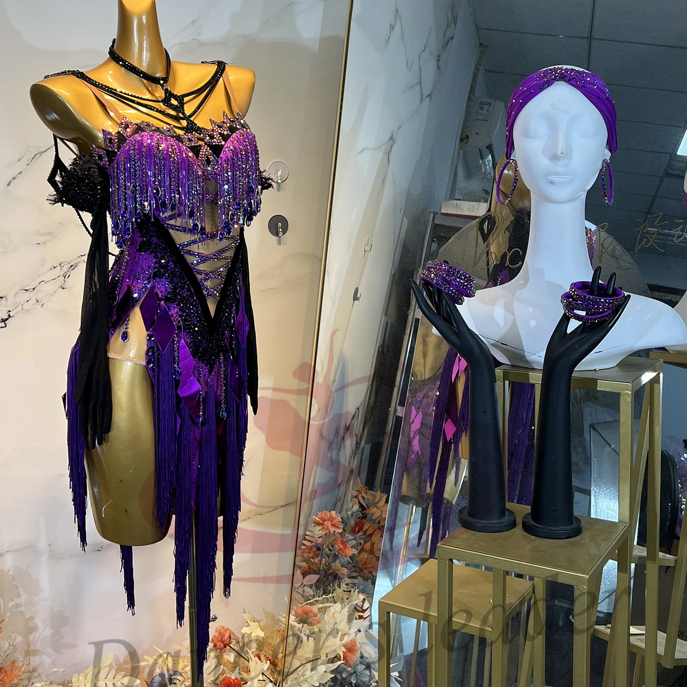 Latin Dance Costume Rhinestone For Women, Adults, And Children, High-End Customized Purple Metal Tassel Samba High Flash Dress