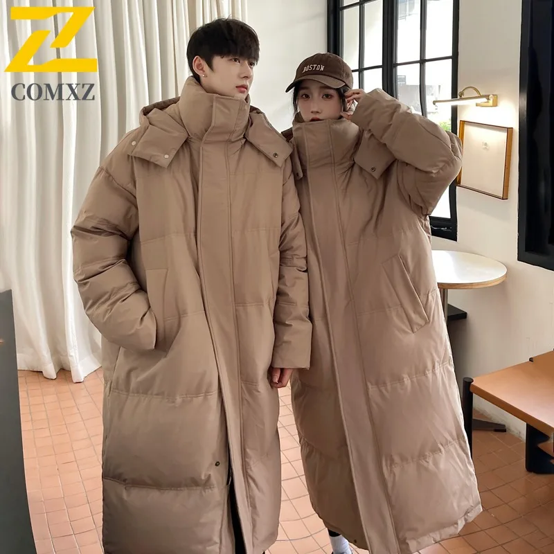 COMXZ Men Winter New Down Jacket Casual Hooded Outdoor Skiing Thick Warm Coats Knee Length Parka Lightweight Windbreaker