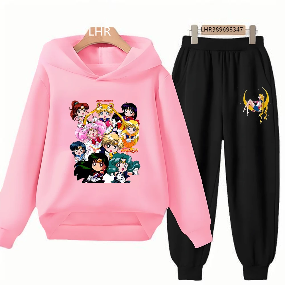 Autumn Hoodie Sailor Moon Print Kids Girl Pink 3-12 Years Sweatshirt+Trousers Sports Pullover Coat Leisure Fashion Anime Set