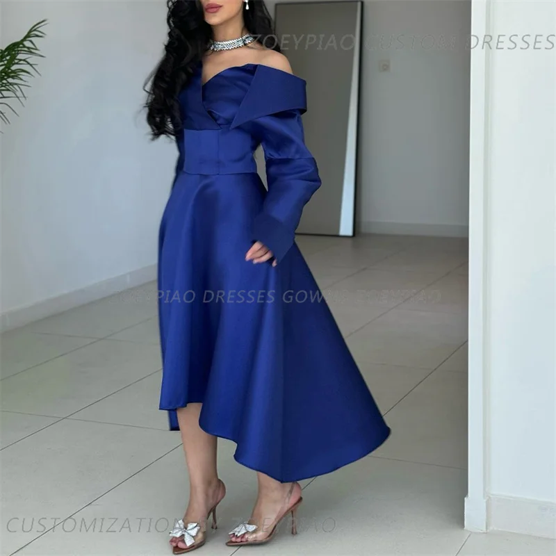 Vestido corto azul real para mujer, vestido de graduación, fiesta de noche, elegante, celebridad de lujo, sin tirantes, línea A, 2024