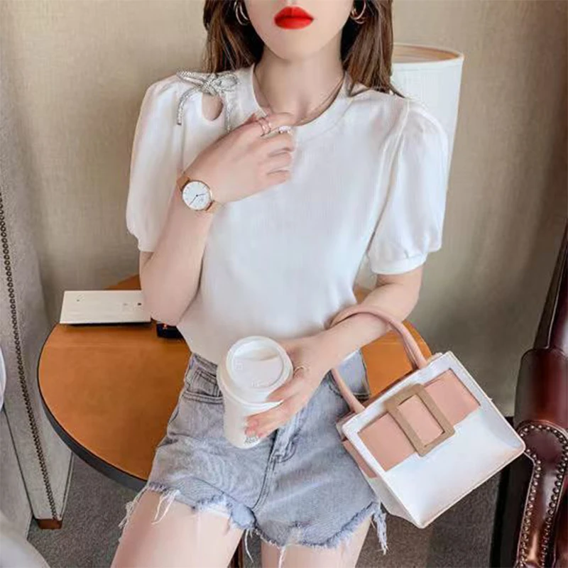 2023 Summer Round Neck Hollow Out Lace Up T-shirt Female Puff Short Sleeve All-match Top Women Loose Casual Solid Pullover Tee