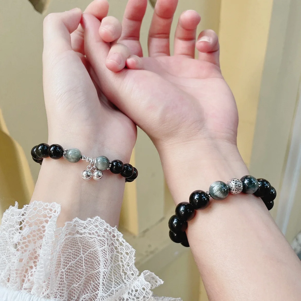 

Heart Chime Bell Obsidian Bracelets Couple Pair Unique Design Bracelets for Boyfriend Girlfriend Valentines Day Gifts
