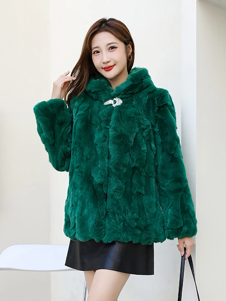 Winter Women\'s Real Fur Coat Loose Top Rabbit Fur Jacket Hood Women Clothing Fluffy Furry Natural Fur Jackets With Pockets Parka