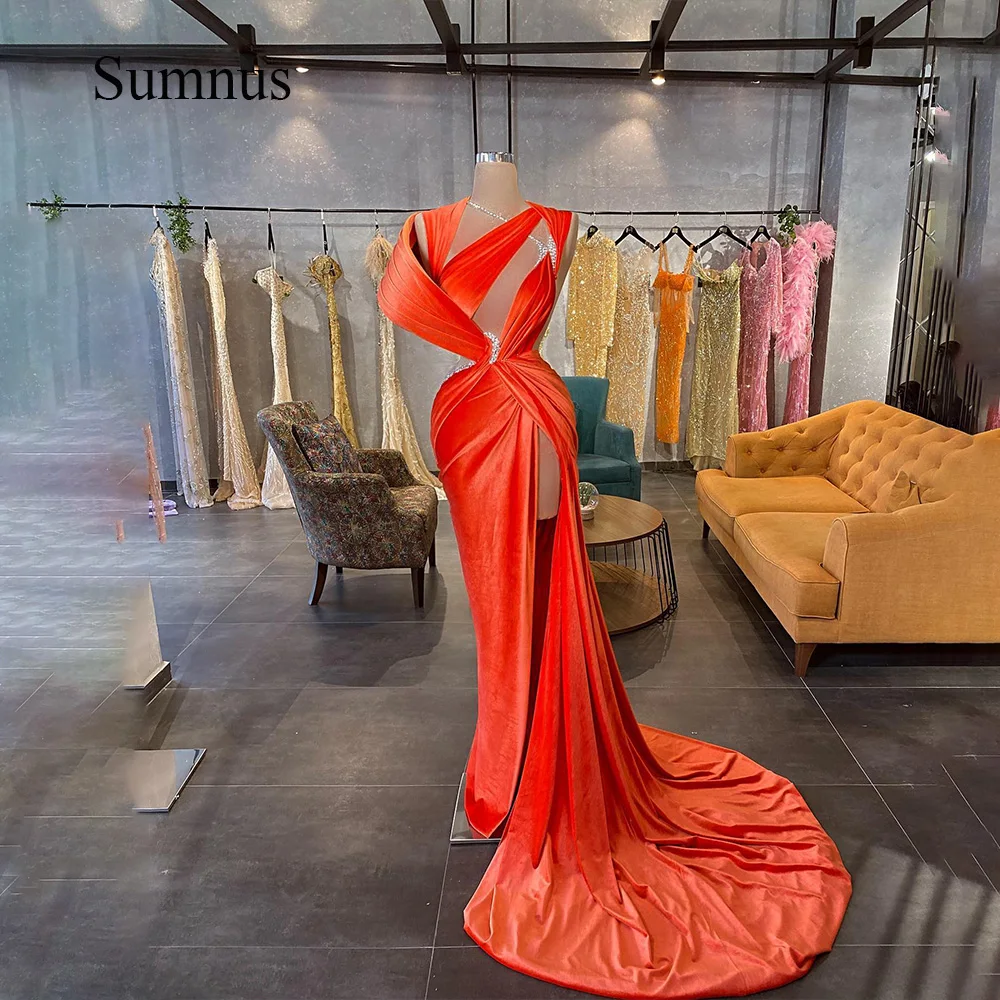 

Sumnus Orange Velvet Mermaid Evening Dresses Cape Sleeve High Split Special Occasion Gowns Customized Event Dress With Train