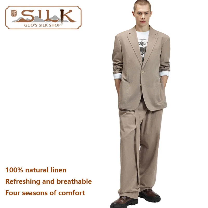 

High-end Natural Linen Men's Suit Set 2 Pieces Simple Style, Elegant, Suitable for Business Casual Wear, Trendy and Fashionable