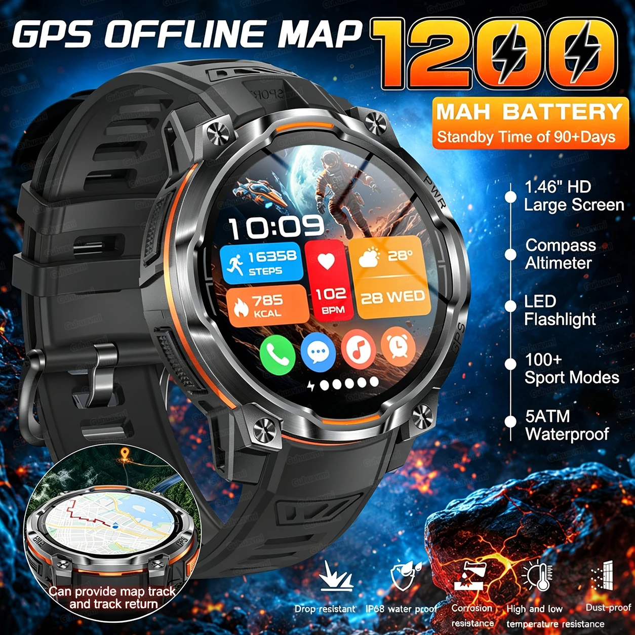 2026 Offline Map New Smart Watch With Outdoor GPS Compass Altimeter Flashlight 5ATM Waterproof Man 170 Sports Bracelet Men Women