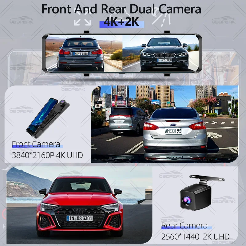 H8 Car Rearview Mirror UHD 4K DashCam DVR 2160P GPS Track WIFI APP Auto Video 2k Dash Recorder Night Vision Rear 1440P Dual Lens