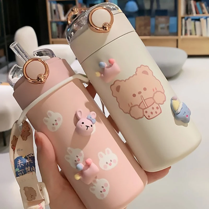 350/480ml Cartoons Stainless Steel Vacuum Flask Coffee Tea Milk Travel straw Cup Cute Bear Water Bottle Insulated Thermos