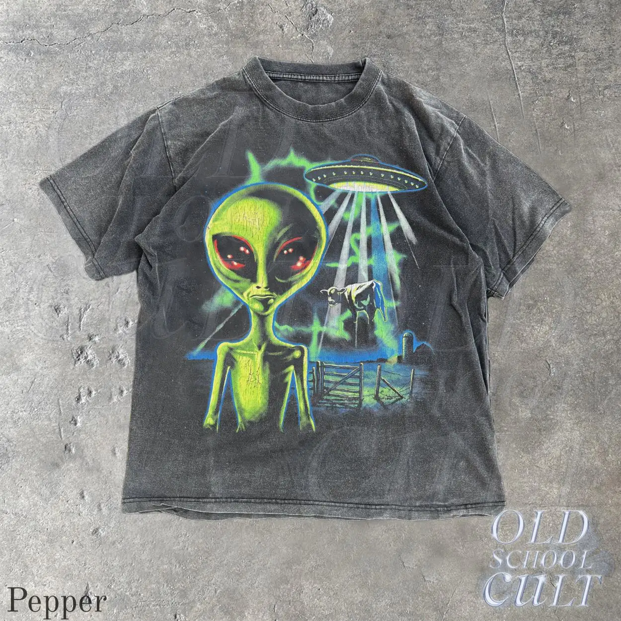 Vintage Alien UFO Shirt, Retro Cow Abduction Graphic Tee, Area 51 Sci Fi T Shirt, Funny Extraterrestrial Gift, Washed T-shirt