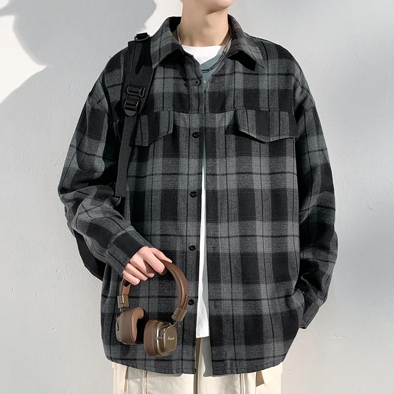 

Spring 2026 Men's Casual Long Sleeve Shirt Loose Fit Plaid Pattern Turn-down Collar Versatile Outerwear for All Seasons