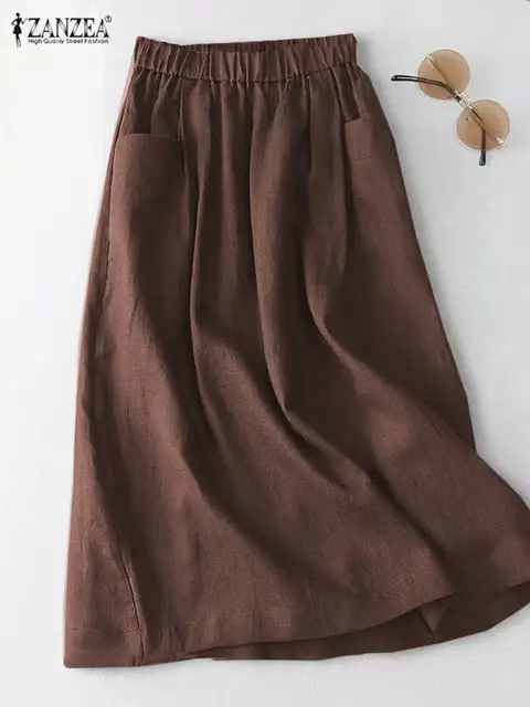 ZANZEA Women Cotton Skirt Holiday Elastic Waist Midi Skirt 2024 Summer Side Pockets Falda Saias Casual Korean Solid A Line Jupe ZANZEA Women Cotton Skirt Holiday Elastic Waist Midi Skirt 2024 Summer Side Pockets Falda Saias Casual Korean Solid A Line Jupe