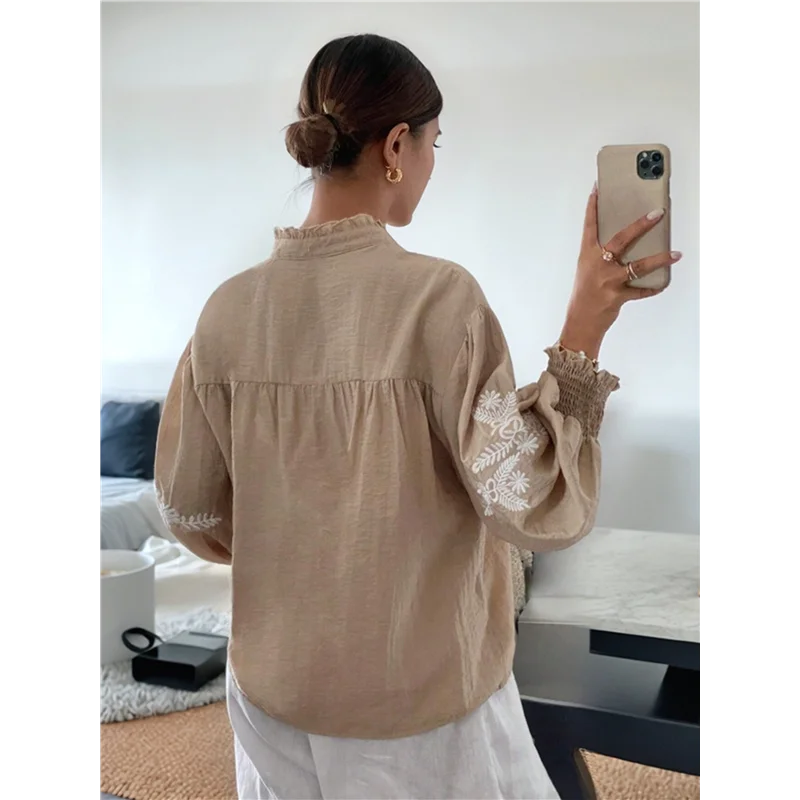 

ABRT-Women's Embroidered Linen Shirts Button Up Sleeve V Neck Boho Blouse