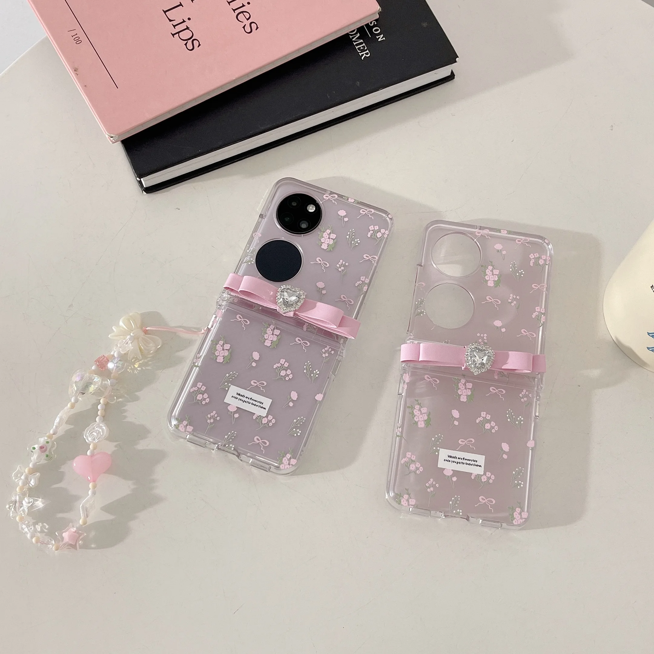 Bow Pink Flower Chain Bracelet Hard Acrylic Shockproof Phone Case For Huawei P50Pocket Back Cover