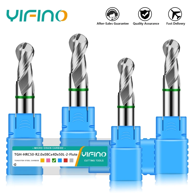 YIFINO TGH-HRC50 2-Flute Tungsten Steel Carbide For Aluminum Ball End Milling Cutter CNC Mechanical Machin End Mill Tools